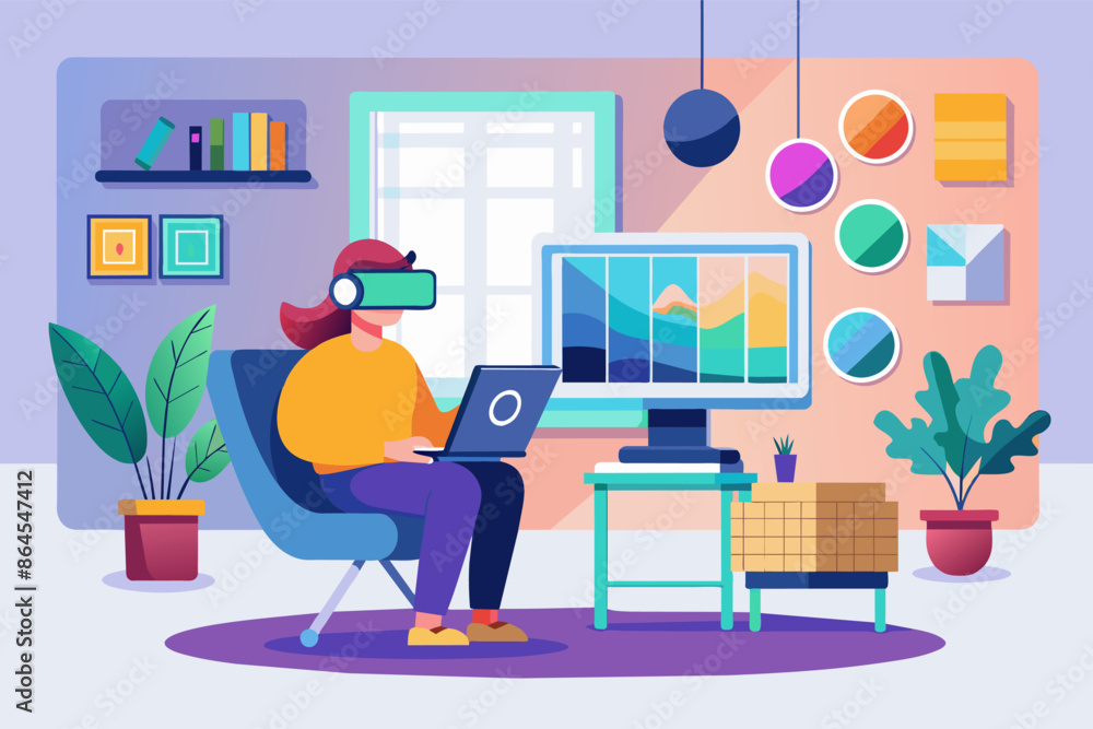 Aufkleber a man sitting in a chair with a laptop and a computer monitor, interior design mockup with virtual r