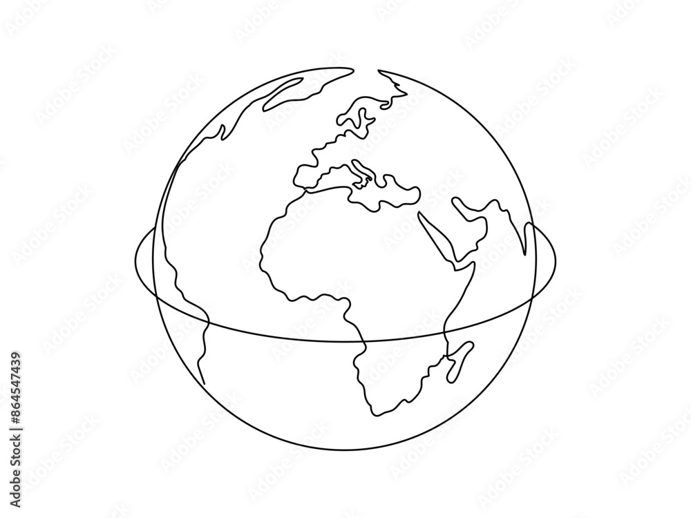 Poster one continuous line drawing of earth globe. world map and planet symbol in simple linear style. trav