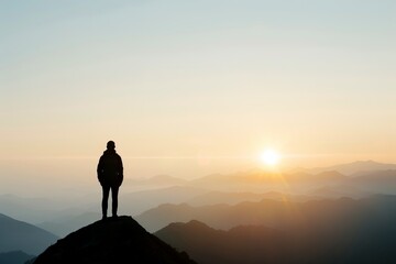 Silhouette of a person standing on a mountain peak at sunrise, overlooking a beautiful landscape of rolling hills and distant mountains.