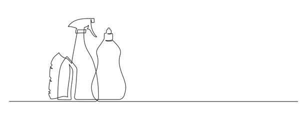 One continuous line drawing of cleaning service and detergent products. Household tools and bottle spray concept in simple linear style. Fresh washing and dry cleaning. Doodle vector illustration