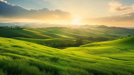 Fototapeta premium Breathtaking panorama of rolling green hills at sunrise. Stunning nature landscape. Perfect for backgrounds or wallpapers. Ideal for capturing the essence of calm and serenity. AI
