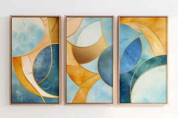 Modern abstract triptych painting with dynamic brushstrokes and bold colors on white background. Three vertical wooden frames with modern contemporary. Pictures on wall with abstract composition