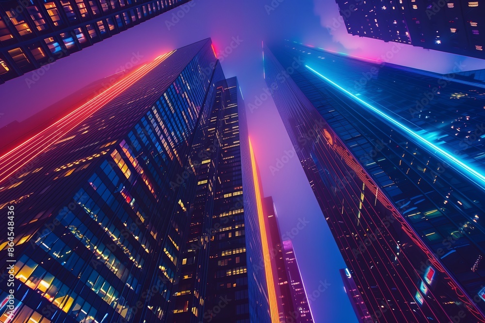 Poster skyscraper in city at night with architecture business. modern building in downtown tower. office ur
