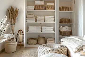 Fototapeta premium Storage of things, Spring cleaning of the wardrobe. Vertical organization of storage. Neatly folded items in the closet in wardrobe baskets. 
