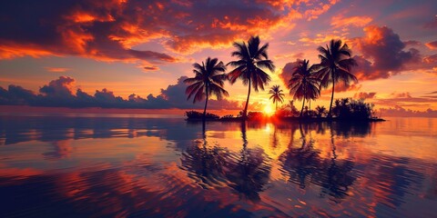 Obraz premium Sunset over the sea with sky and beach. Palm trees and travel landscape in summer. Ocean view with tree in the tropics. Vacation on the island in nature with sun paradise. Water