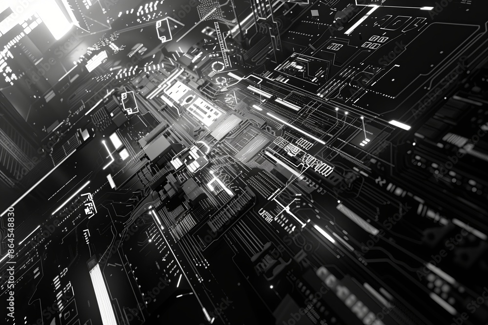 Poster Technology abstract in digital background. Connection network with design future engineering. Futuristic space in computer concept processor. Communication 3D science circuit with