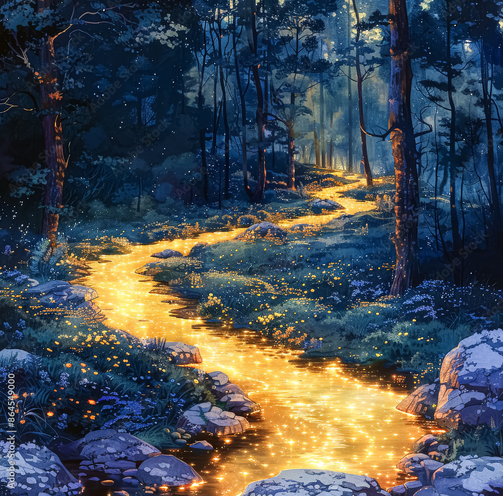 Poster a stream of light is reflected in the water, creating a serene and peaceful atmosphere. concept of c