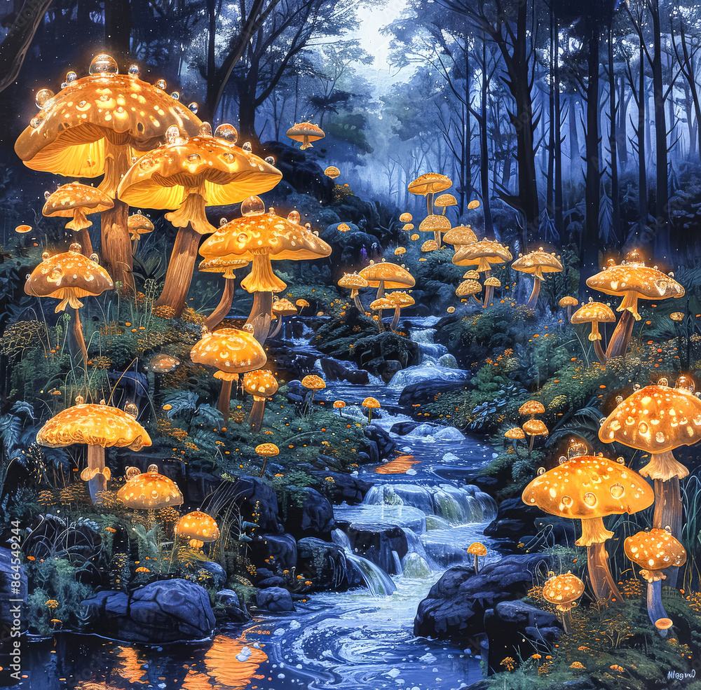 Poster a forest scene with a river and a large number of glowing mushrooms. scene is serene and peaceful, w