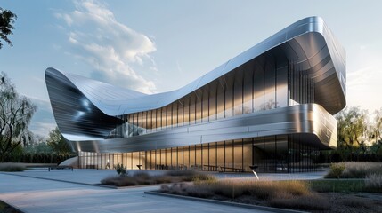 Naklejka premium avant-garde museum with dynamic aluminum siding that changes its appearance with the angle of the sun, creating an ever-evolving facade