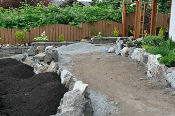 Yard garden landscaping project in progress, building rock borders, garden beds and pathways for...