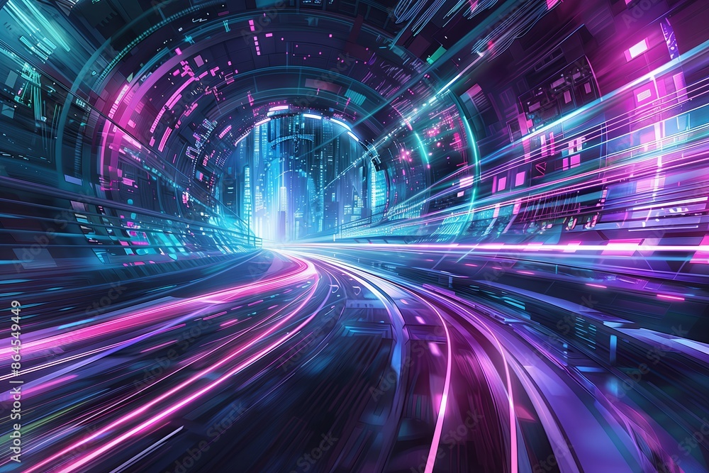 Poster technology speed in abstract light. blue motion background with futuristic city tunnel blur at night