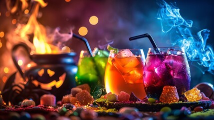 Halloween themed colorful cocktails with candies and cauldron