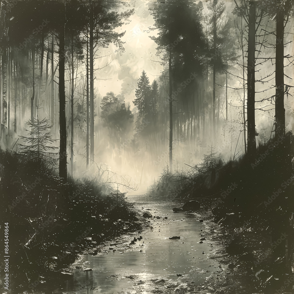 Poster a dark forest with a stream running through it. the trees are tall and the sky is cloudy. scene is m