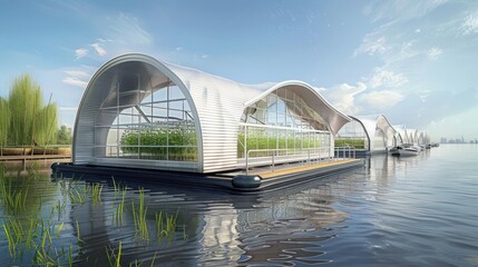 Obraz premium imaginative concept of a floating agricultural lab, with hulls and structures made from lightweight aluminum siding