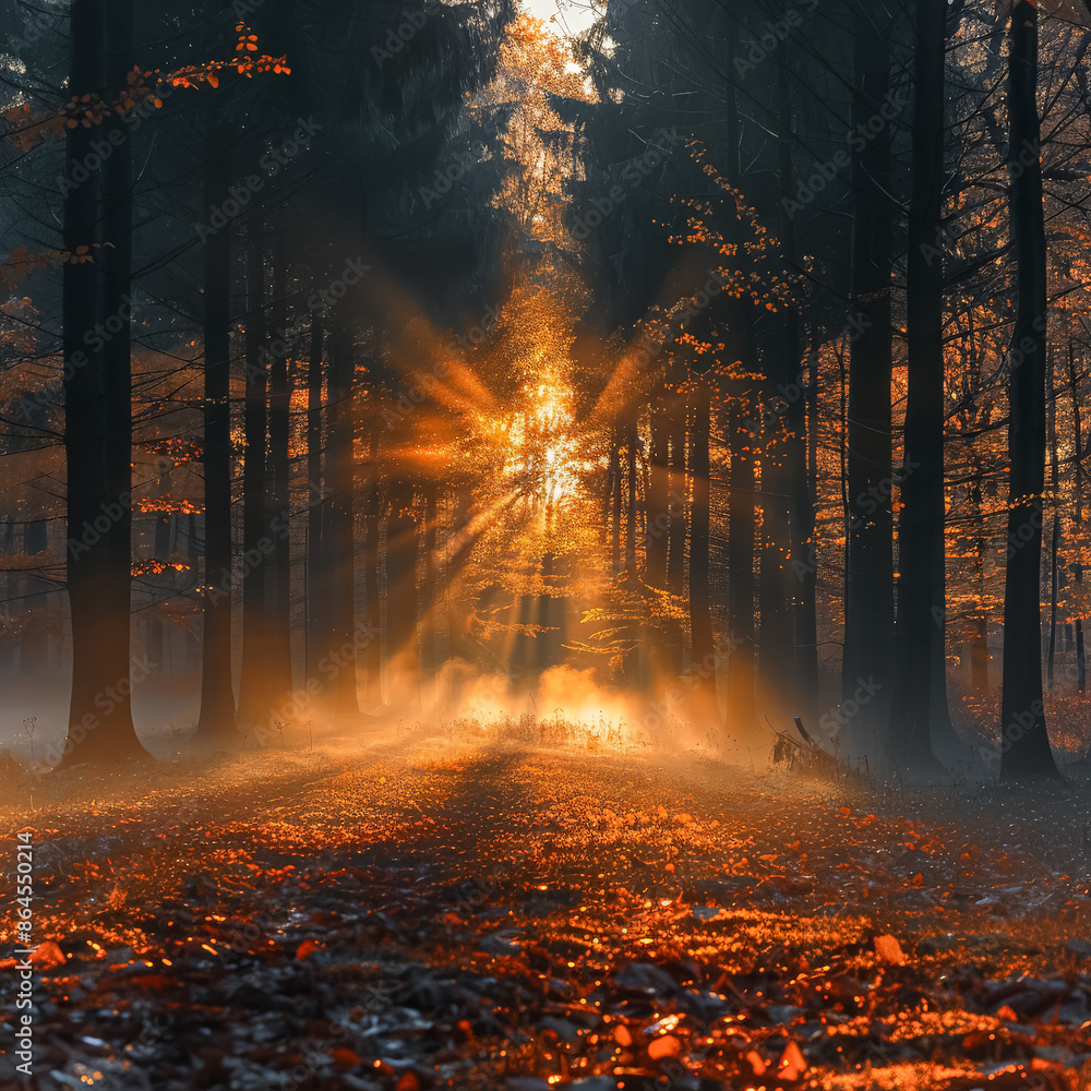 Poster a forest with a path in the middle and a tree with a sun shining on it. the sun is creating a beauti