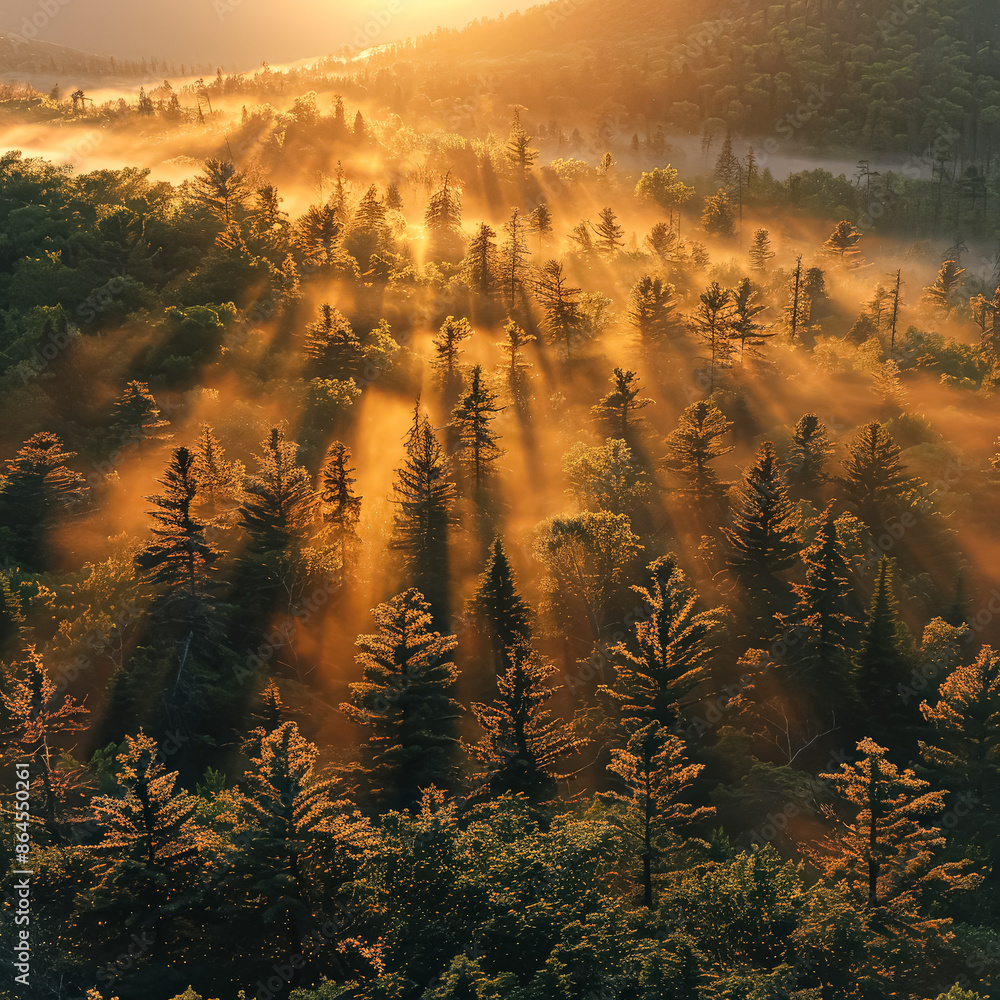 Poster a forest with a large number of trees, some of which are covered in snow. the sun is shining through
