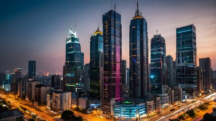 Obraz premium Vibrant modern city with illuminated skyscrapers and bustling streets