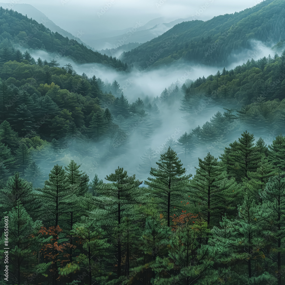 Aufkleber a lush green forest with a misty atmosphere. the trees are tall and dense, creating a serene and pea