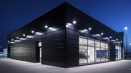 ultra-modern retail space with an exterior clad entirely in matte black aluminum siding, under bright lights