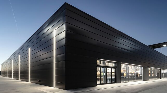 ultra-modern retail space with an exterior clad entirely in matte black aluminum siding, under bright lights