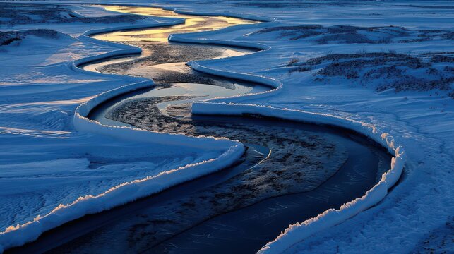 Sinuous esker ridges formed by glacial meltwater, winding through a landscape of ice and snow