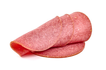 Thin salami sausage slices, isolated on white background.
