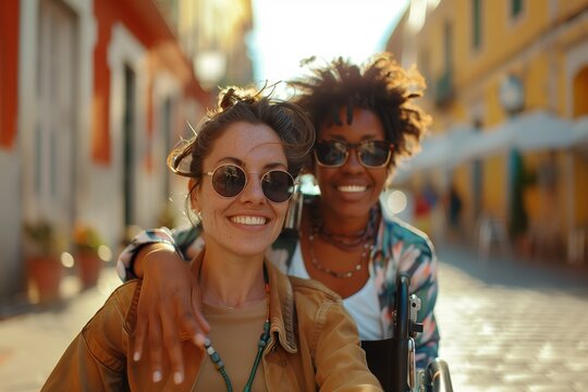 multiethnic women smiling and wearing sunglasses on a sunny day, One of the women is seated in a wheelchair, symbolizing inclusivity and accessibility.