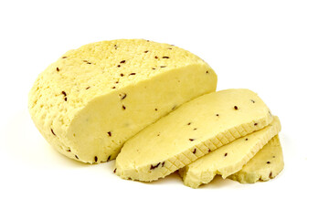 Caraway cheese, isolated on a white background.