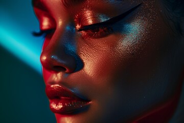 Fashionable beauty, female portraits. Glamorous makeup, elegant style. Black and blue art, young models. Bright colors, adult cosmetics. Shiny lips, glittering looks. Modern design