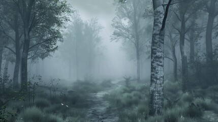 Naklejka premium Foggy forest, misty landscape. Mysterious trees, dark woods. Morning light, autumn magic. Spooky paths, Halloween vibes. Rainy weather, gloomy shadows. Enchanted environment,