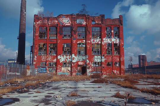 a deteriorated abandoned red building in Detroit