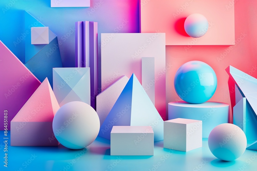 Poster geometric abstract design. modern shapes, bright colors. creative concepts, blue and pink highlights