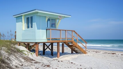 Obraz premium beach scene where a lifeguard station is innovatively designed with aluminum siding to withstand saltwater corrosion