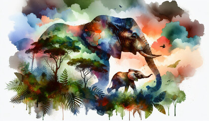 Elephant with Calf in the Jungle water colors Illustration