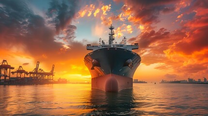 Fototapeta premium a large ship in the water at sunset with a sky background