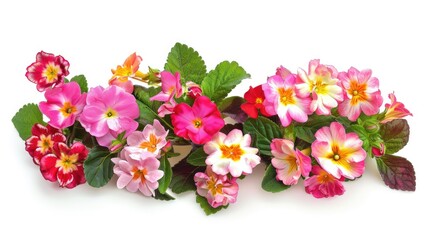 Obraz premium Colorful flowers including roses and periwinkles on white background.