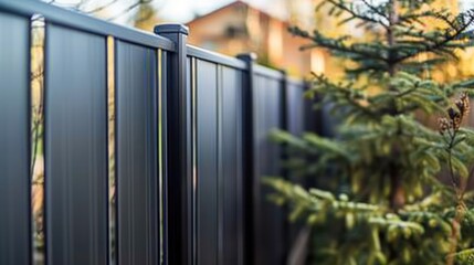 close-up view of a modern fence design using vertical strips of aluminum siding for privacy and style