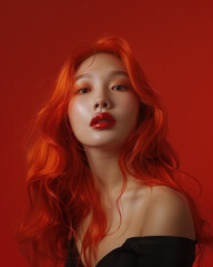 Fototapeta premium Transgender asian woman bright red hair, posing confidently against soft pink studio background