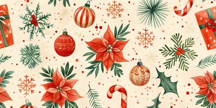 A vibrant and cheerful Christmas-themed pattern featuring a variety of holiday decorations.