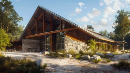 Obraz premium community center built with a combination of reclaimed wood and stone, symbolizing the blend of natural materials and community unity
