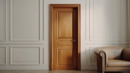 Open modern wooden door to living room interior, concept of real estate, visit, new home, copy space.