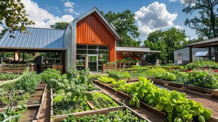 community garden center with corrugated aluminum siding, providing a rustic yet durable backdrop for greenery and community activities