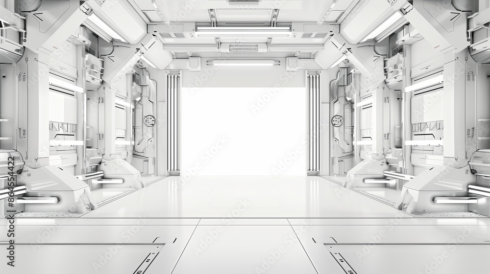 Poster futuristic technology interior. spaceship space corridor. science fiction room in future station. mo
