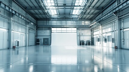 Fototapeta premium Empty warehouse interior. Industrial architecture construction. Hangar and storehouse factory flooring. Storage space room with light. Inside metal hall. Modern business plant with