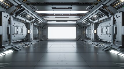 Fototapeta premium Futuristic spaceship interior. Science and technology corridor. 3D exploration in white and blue. Spacecraft station, galaxy travel. Universe view from window. Scientific base,