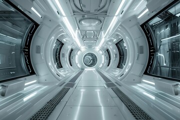 Obraz premium Futuristic technology corridor. Space station interior hall. Future architecture, indoor science. Modern spaceship hallway with light. Blue perspective for travel. Black background
