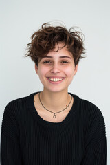 Portrait transgender person smiling warmly, wearing casual but stylish clothes. Concept LGBTQ