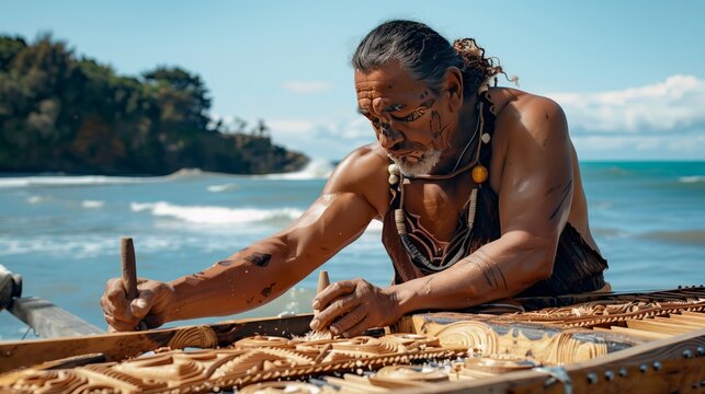 A Māori artisan intricately carves tribal motifs onto a wooden canoe, the vast ocean in the background. - Powered by Adobe