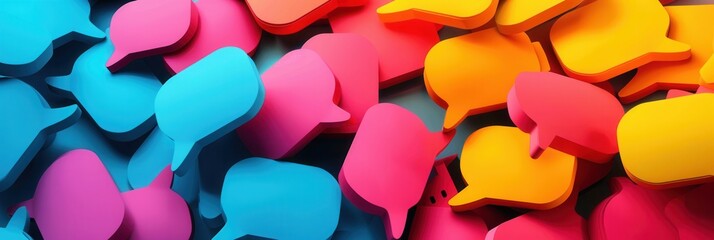 Colorful speech bubbles showcase trending hashtags in a captivating image, ideal for social media monitoring and content managers seeking to identify popular trends. Generative AI