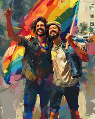 Three cheerful friends bright clothes make up in parade. Concept LGBTQ and pride concept